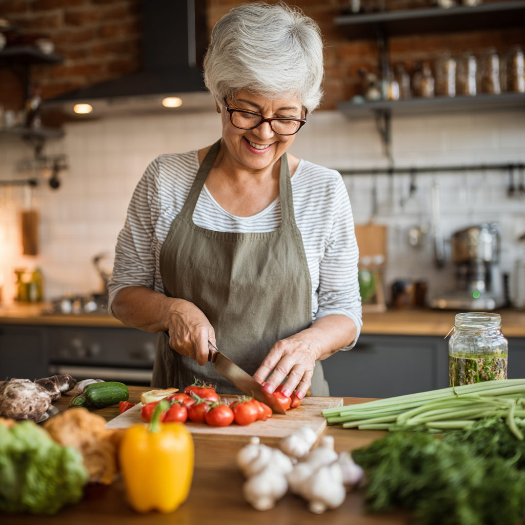 Senior adult preparing nutritious meal according to personalized meal plan